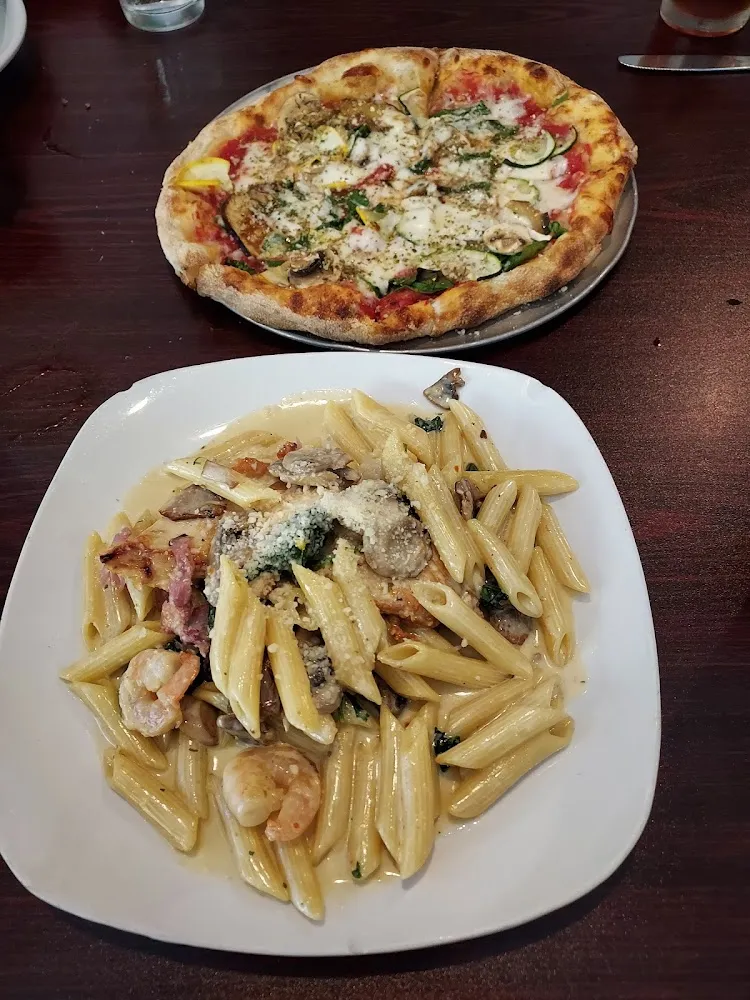 Penne with Shrimp Chicken and Prosciutto I Added Mushrooms and Spinach